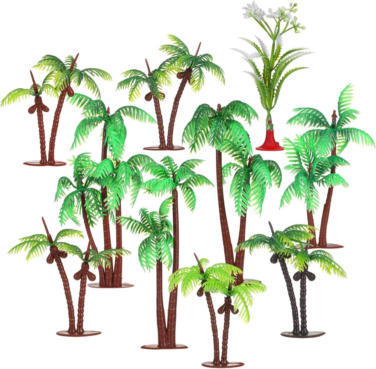 Miniatuurpalmen set van 10 stuks, kunstmatige kokospalmen voor diorama, poppenhuis en taartdecoratie, groene modelbomen voor sfeervolle aankleding