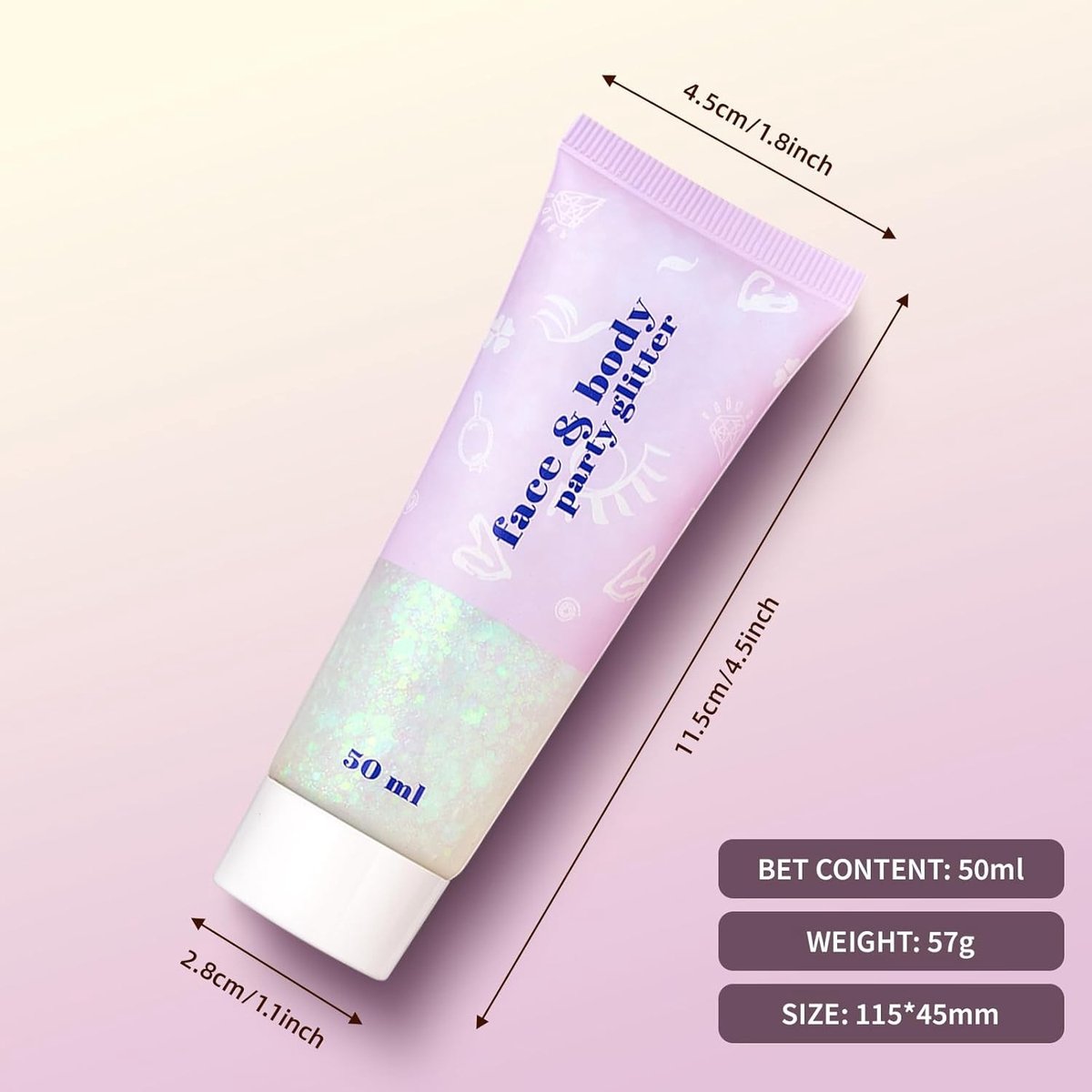 Drie Stukken Body Glitter Gel voor Festival Make-up - Glitter voor Gezicht en Lichaam met 5 Penseelsets in Wit, Zilver en Goud