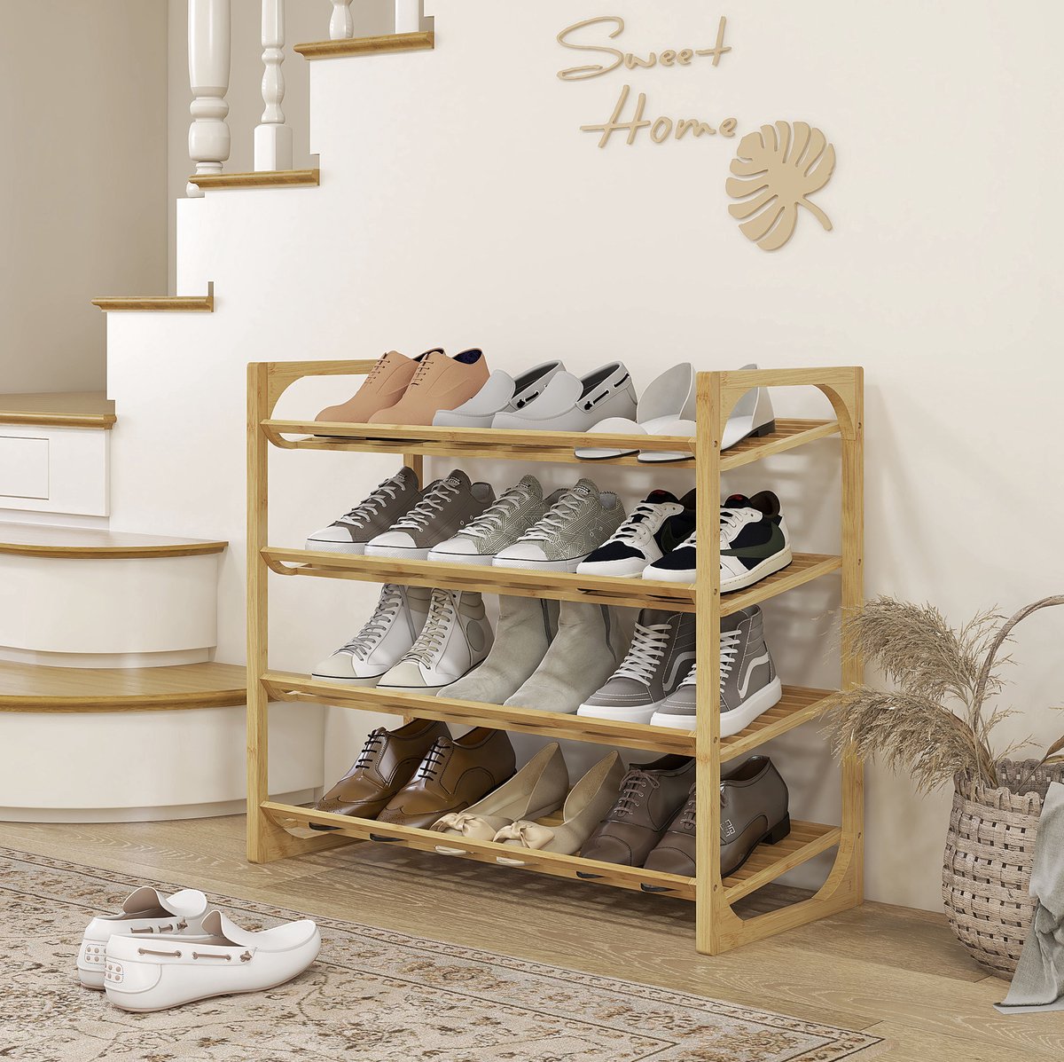 Schoenenrek Ruimtebesparend – 76 x 33 x 67 cm – Bamboe – Naturel – 4 Lagen Voor 12 Paar Schoenen – Staand Rek Voor Hal En Slaapkamer