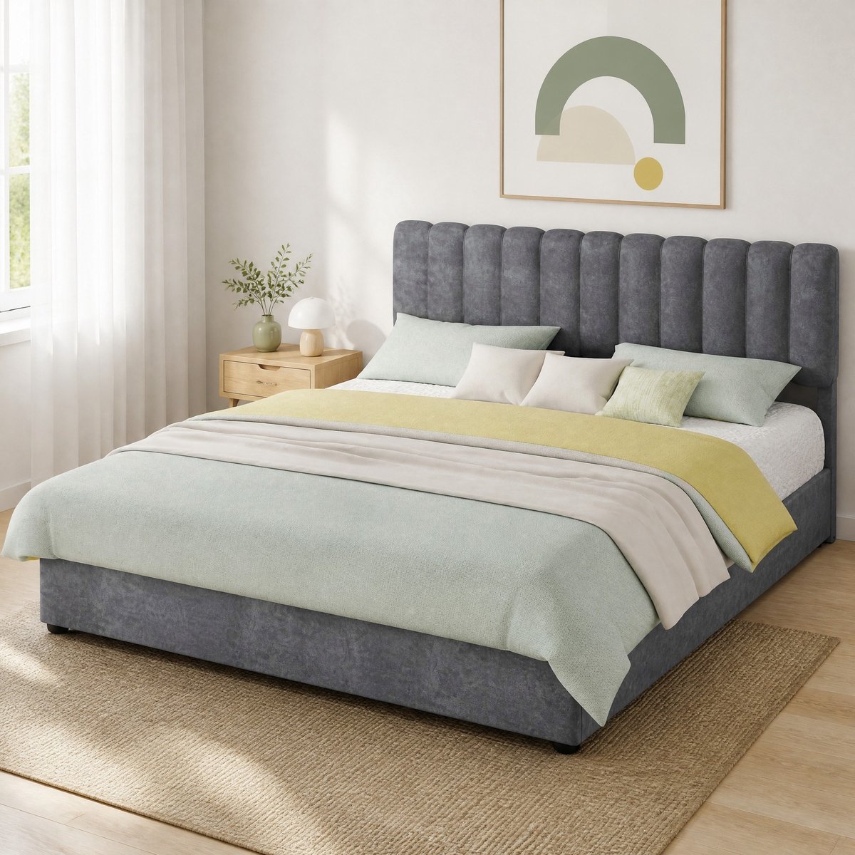 REDOM - Bed frame - Opbergbasis met gasliftmechanisme - Gestoffeerd hoofdbord - Modern minimalistisch - Slaapkamer - Stof en metaal - Grijs - 160 x 200 cm