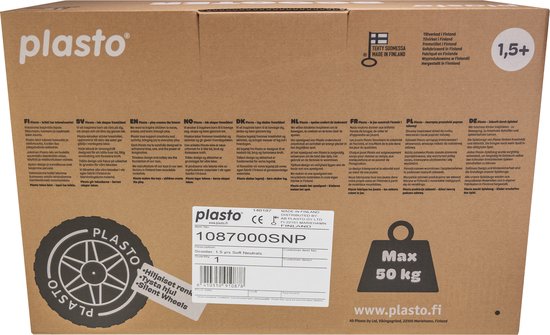 Onderkant van de Plasto step verpakking met productinformatie, inclusief Plasto logo, CE-markering en recyclinginstructies.