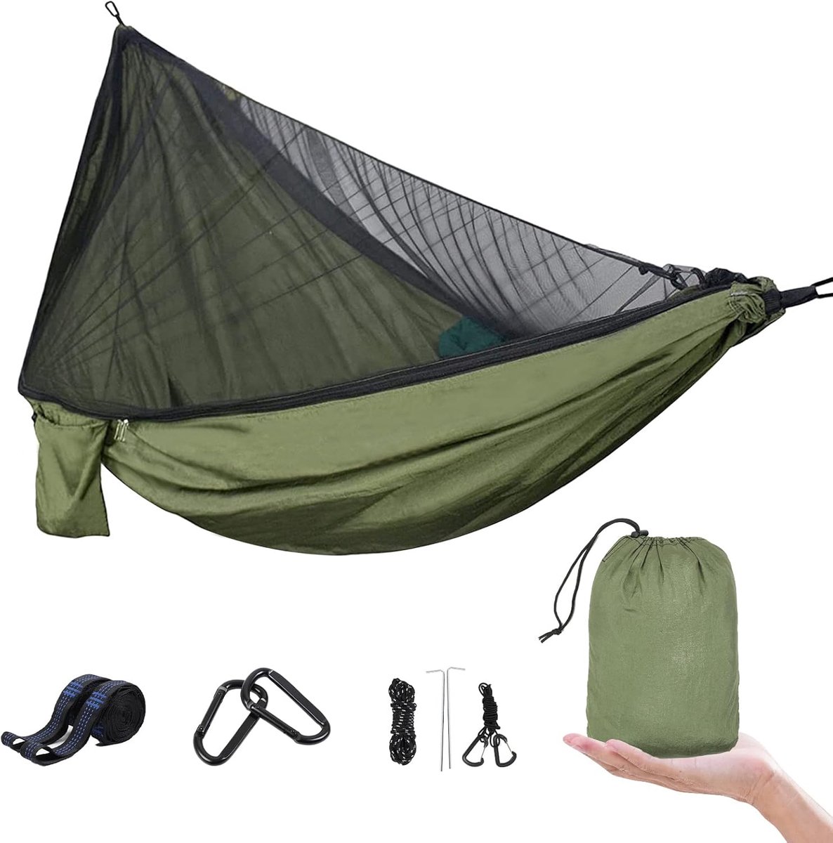 Outdoor - Camping Hangmat - Hangmat met Klamboe van 210T Nylon - Lichtgewicht Reishangmat - Tot 300 kg Belastbaar - Inclusief Ophangbanden en Karabiners - Legergroen