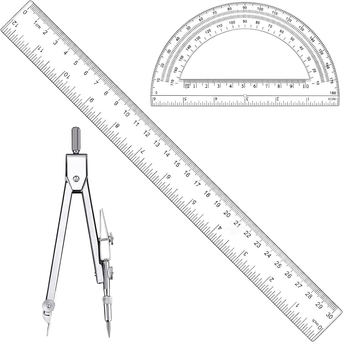 SnelShoppen - Geometrieset 3-delig Met Compas, Transparante Liniaal en Protractor Voor Studenten, Robuust Voor School en Kantoor