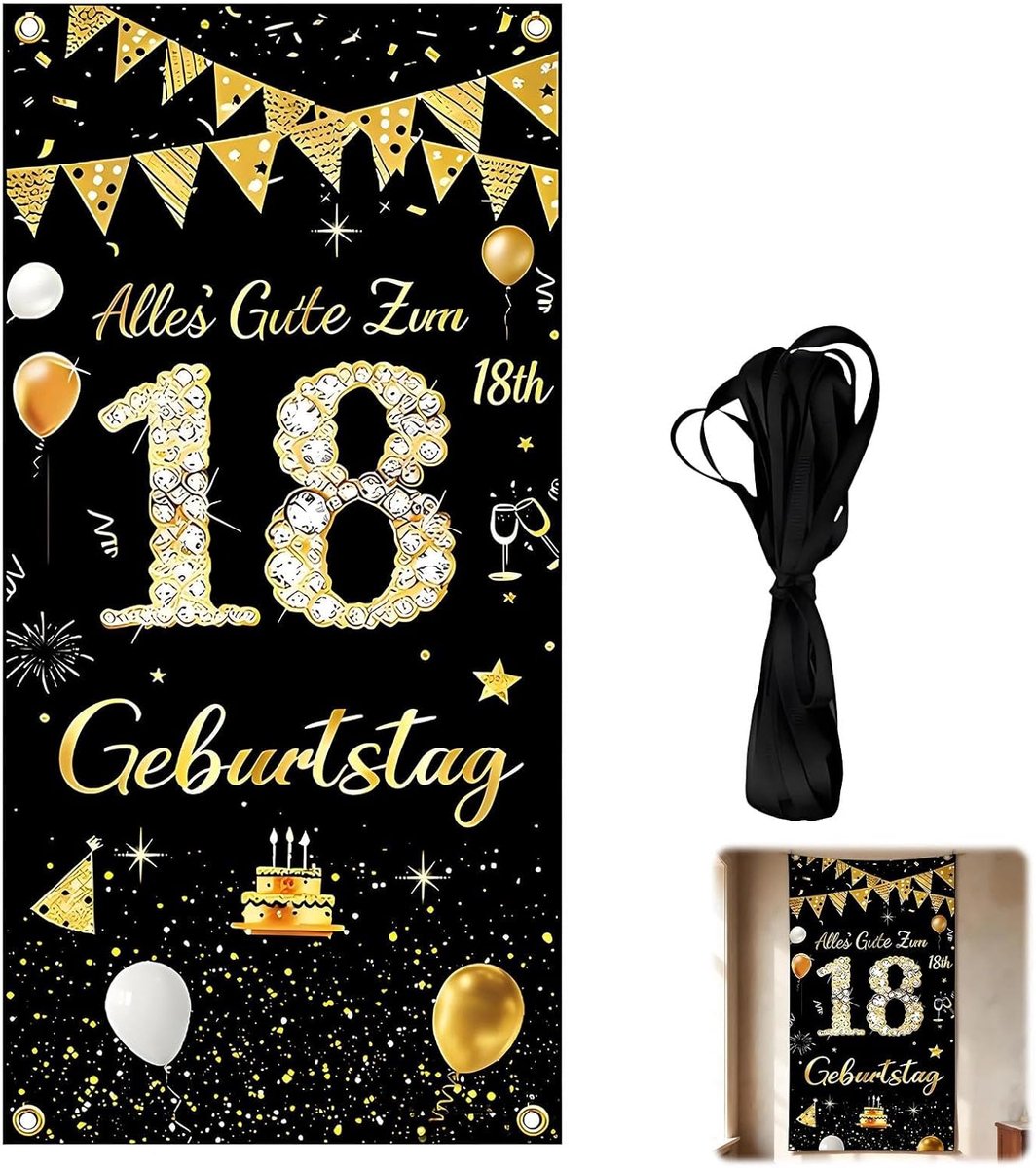 18e verjaardag banner 185 x 90 cm - zwart-goud - feestelijke decoratie - perfect voor verjaardagsfeest - ShopVlot