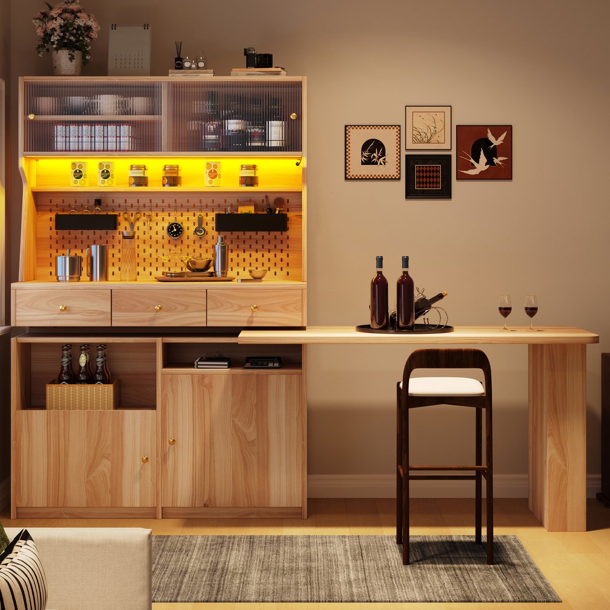 MODENUIT Buffetkast - Schrijftafel En Bartafel Met LED-verlichting - MDF En Glas - 137x74x177,7 Cm - Naturel