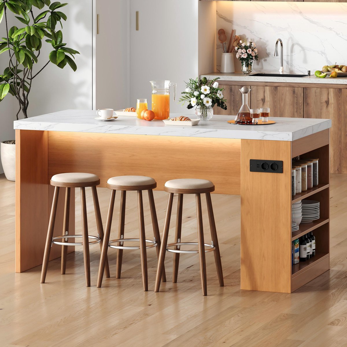 VVBV Bartafel 155x80x90 cm - Opbergruimte, USB-Aansluiting, Stopcontact, LED-Verlichting - Naturel/Wit, MDF