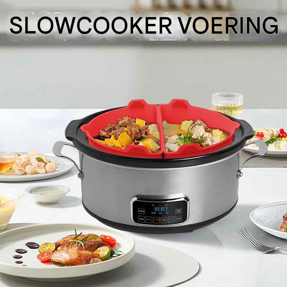 Slowcooker Liners - Pot Inzetstuk - Maaltijden Bereiden - Herbruikbaar Siliconen - 6-8 QT - Rood