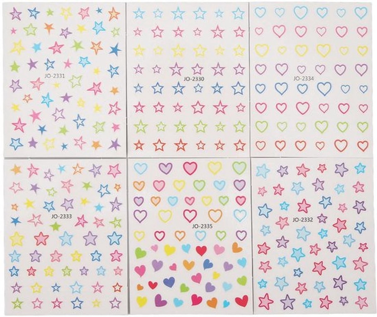 Set van 6 zelfklevende nagelstickers met sterren en hartjes in diverse kleuren en patronen, ideaal voor een creatieve manicure voor vrouwen en meisjes