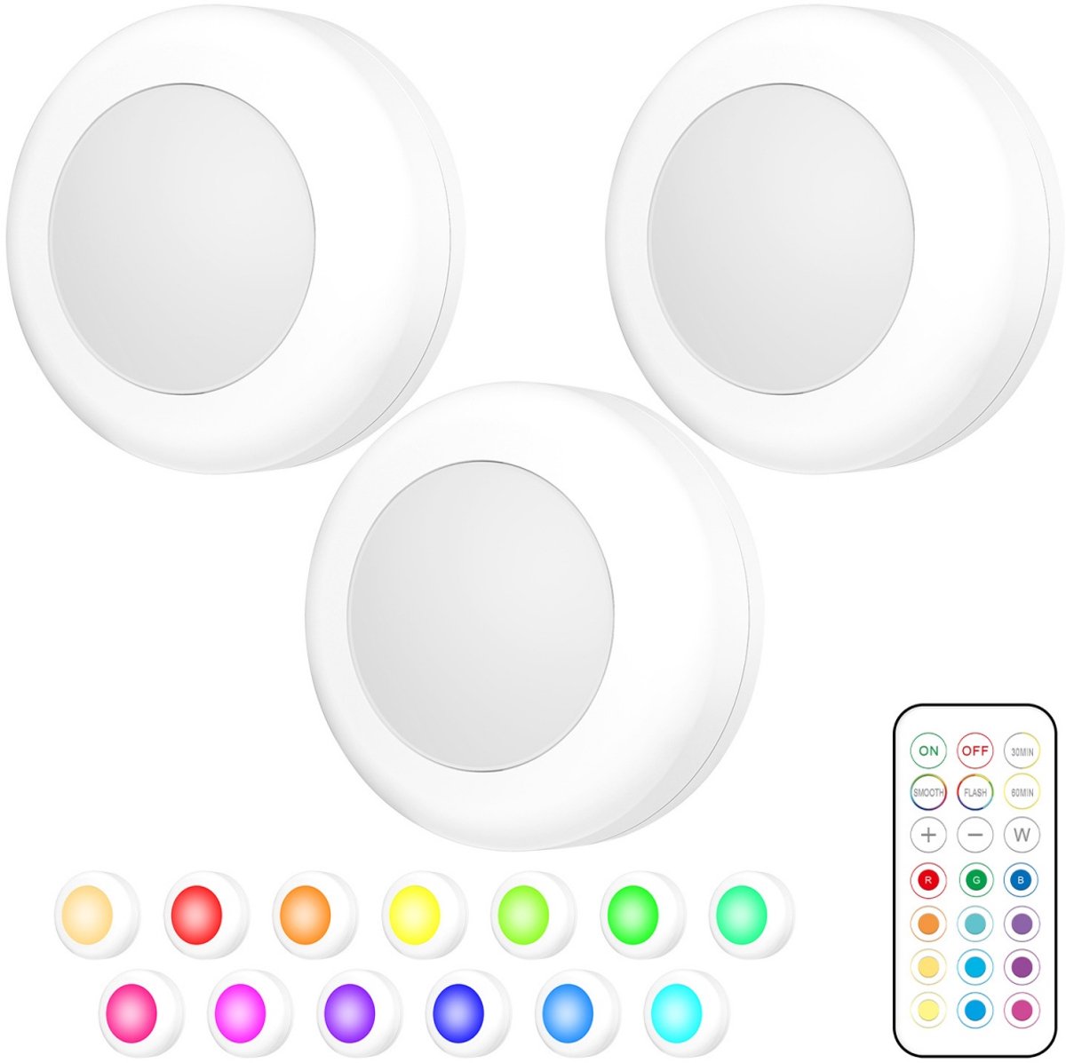longziming -3 Stuks LED Kastverlichting RGB – Draadloze Onderbouwlampjes met Afstandsbediening – Dimbare Nachtlampjes met Timer – Batterijgevoede Puck Lights voor Keuken, Kledingkast en Plank