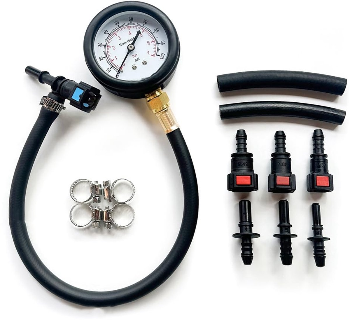 Brandstofdruktester 0-100 PSI - Metalen en rubber - Geschikt voor auto en motor - Eenvoudig te gebruiken - ShopVlot