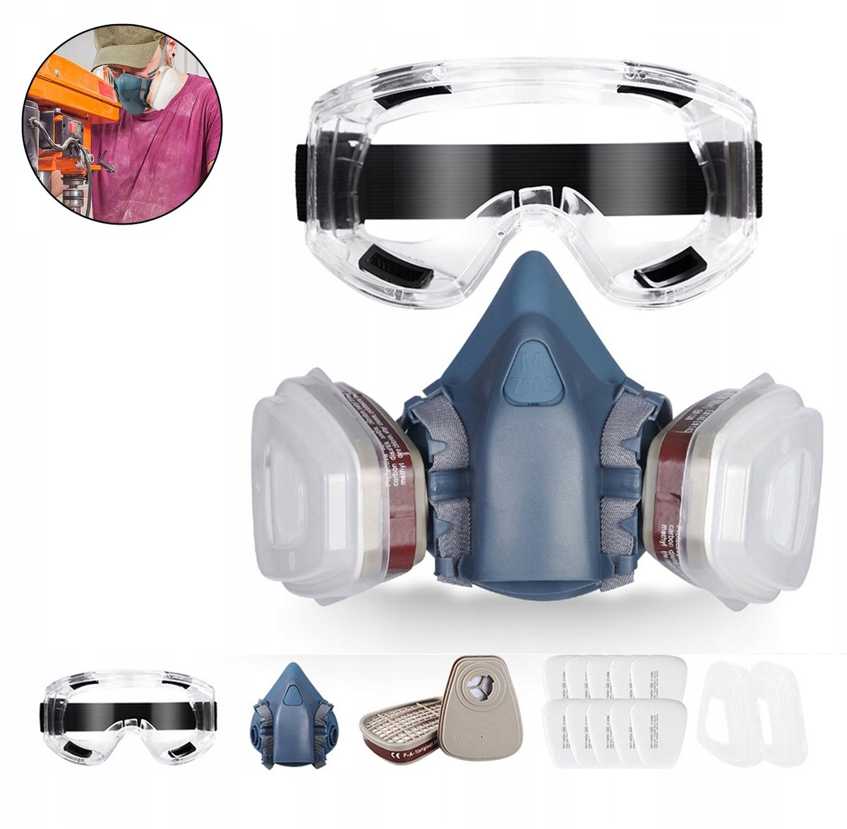 Merkloos Semi-gezichtsmasker met 2 koolstoffilters en 10 stof filters