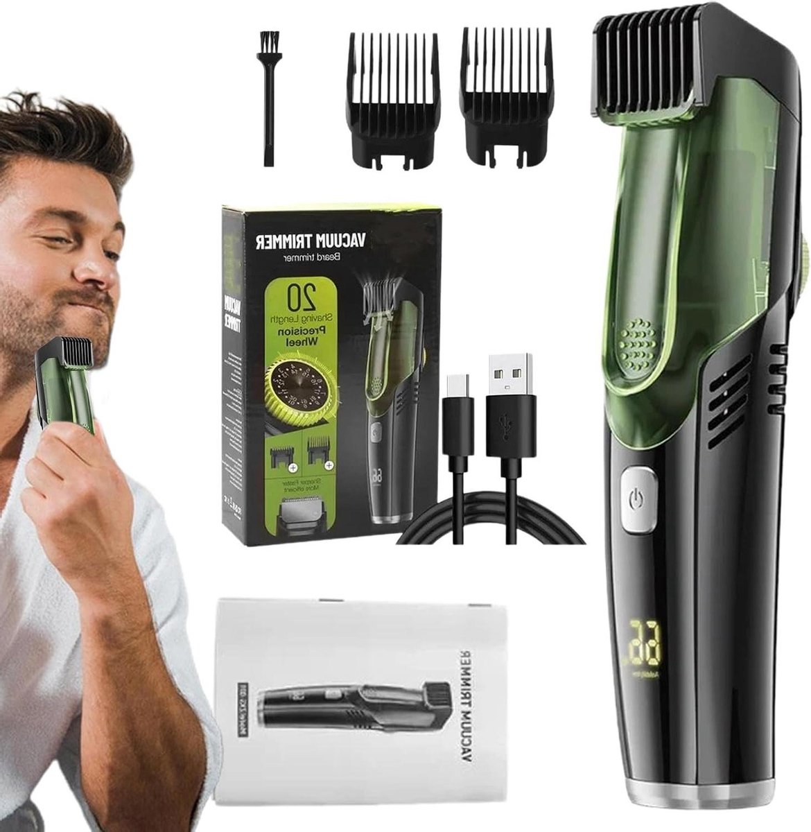 Verstelbare Baardtrimmer - Elektrische Snor Trimmer - Precisie Verzorging - Vacuüm Haaropvang - 20 Lengte-instellingen - Zwart