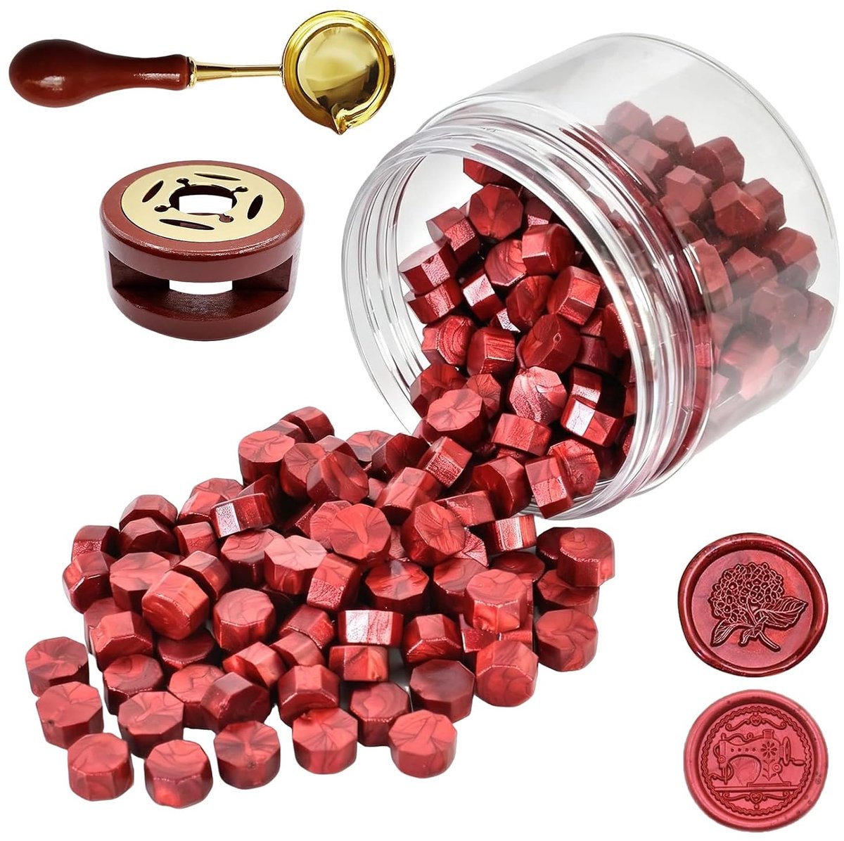 200 stuks zegelwasparels, set zegelwas, metallic, achthoekige waszegelset voor stempels met waszegel, oven en lepel voor uitnodigingen, wenskaarten, enveloppen (rode wijn)