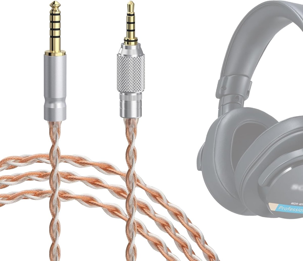 Apollo verzilverde upgrade-audiokabel van 4,4 mm naar 3,5 mm, compatibel met mdr M1, Mv1, M1st-hoofdtelefoon, vervangingskabel met schroefdraadknopvergrendeling (1,5 m)