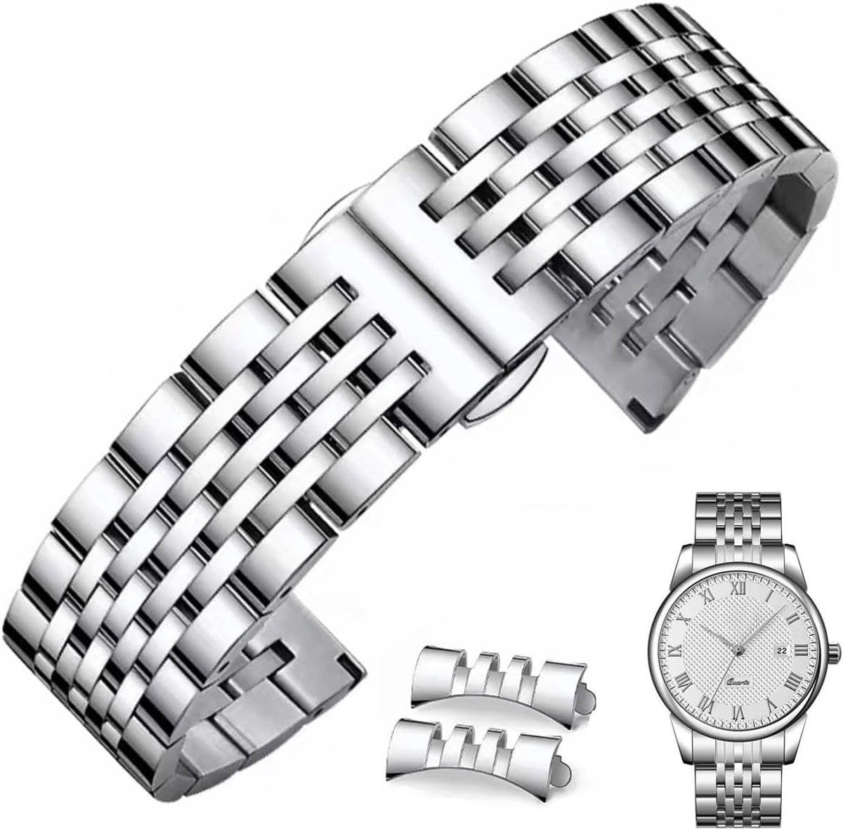Horlogeband Roestvrij StaalMetalen Armband met Recht en Gebogen Uiteinde Premium Massief Metalen Horlogebandbandjes 16 mm 18mm 19mm 20mm 22mm voor Mannen Vrouwen