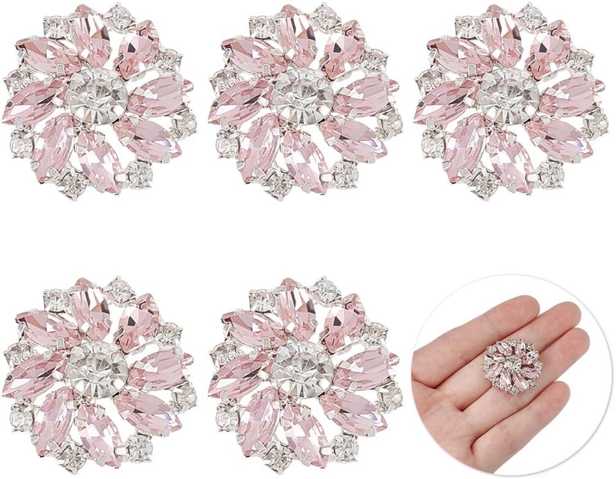 6 x glanzende bloemen strass knopen 26 mm met messing steel - roze kristallen versieringen met 1 gat - sieraden decoraties voor kleding doe-het-zelf