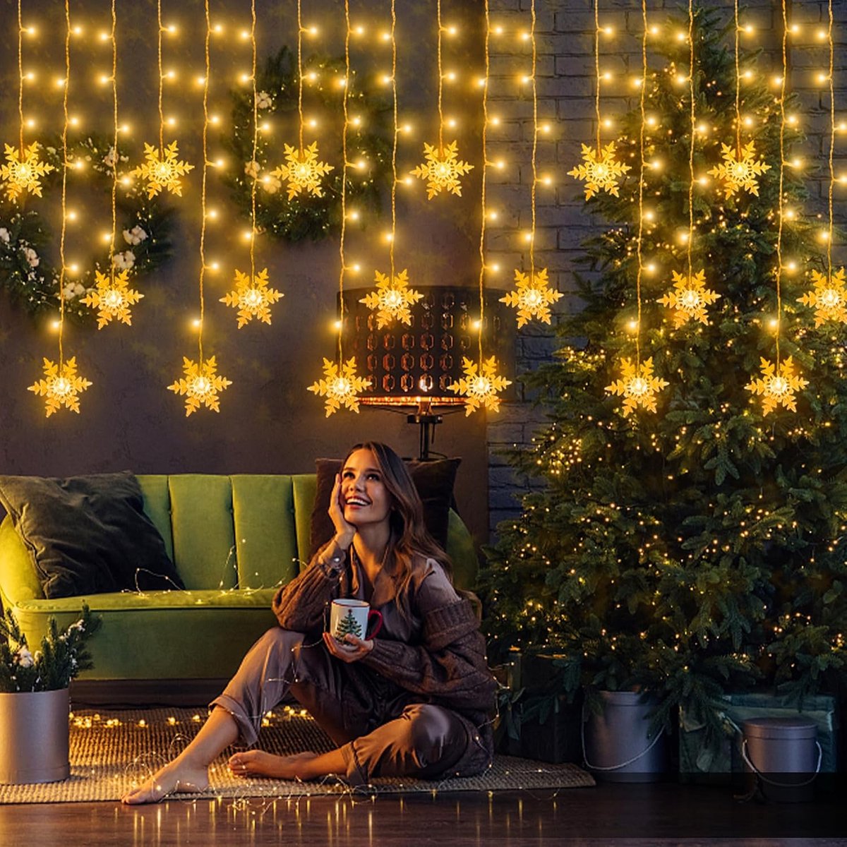 Lichtgordijn met sneeuwvlokken, warmwit, 3,6 meter, lichtsnoer, stroom, Kerstmis, kerstverlichting, waterdicht, voor binnen of buiten, voor balkon, terras, bruiloft, feestje