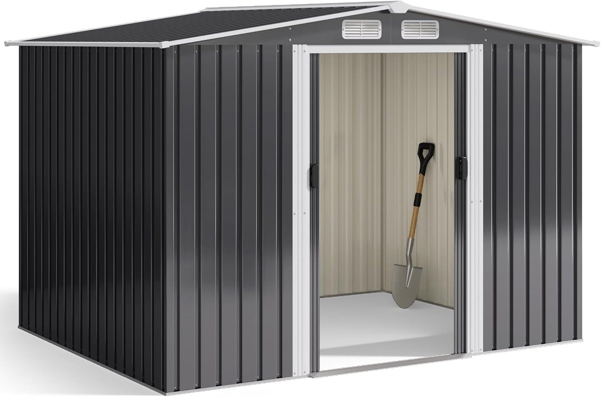 Metalen gereedschapsschuur 247 x 193 x 179 cm, gereedschapsschuur met lessenaarsdak en schuifdeur, gereedschapsschuur met slot en handschoenen (grijs)