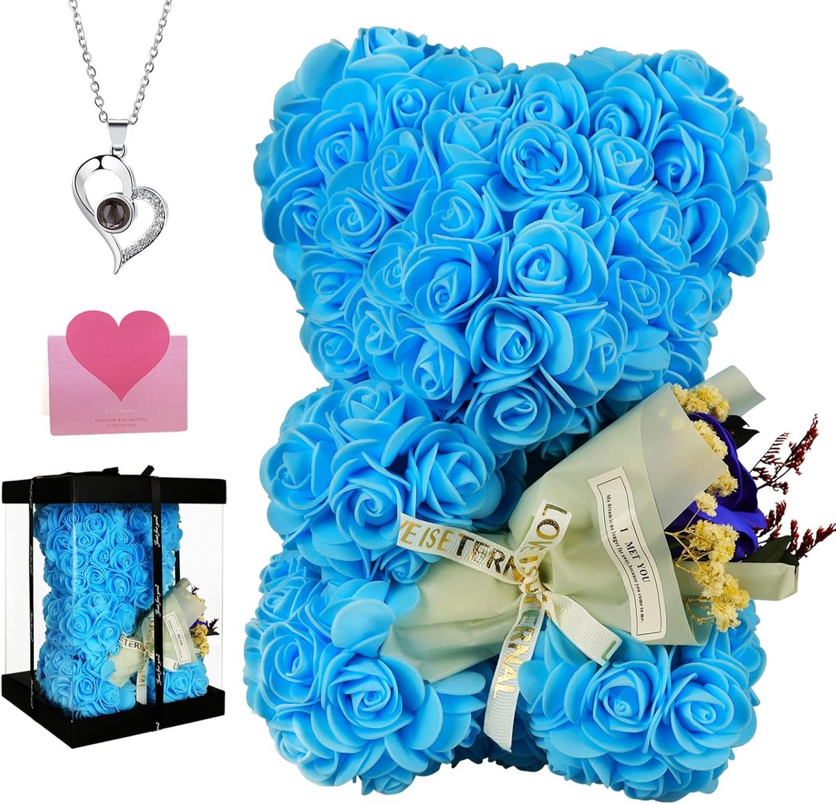 Valentijnscadeaus voor haar rozenbeer verjaardagscadeaus vrouwen, roze teddybeer cadeau vriendin, bloemenbeer met rozenboeket en ketting, jubileum voor vrouw/moeder