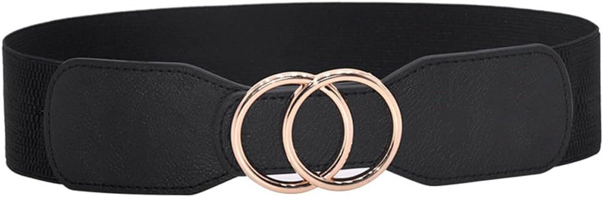 tailleband voor dames, vintage, brede heupriem, modieuze cinch-riem met dubbele ringgesp, voor jurk, overhemden, mantel, zwart, zwart, Eén Maat