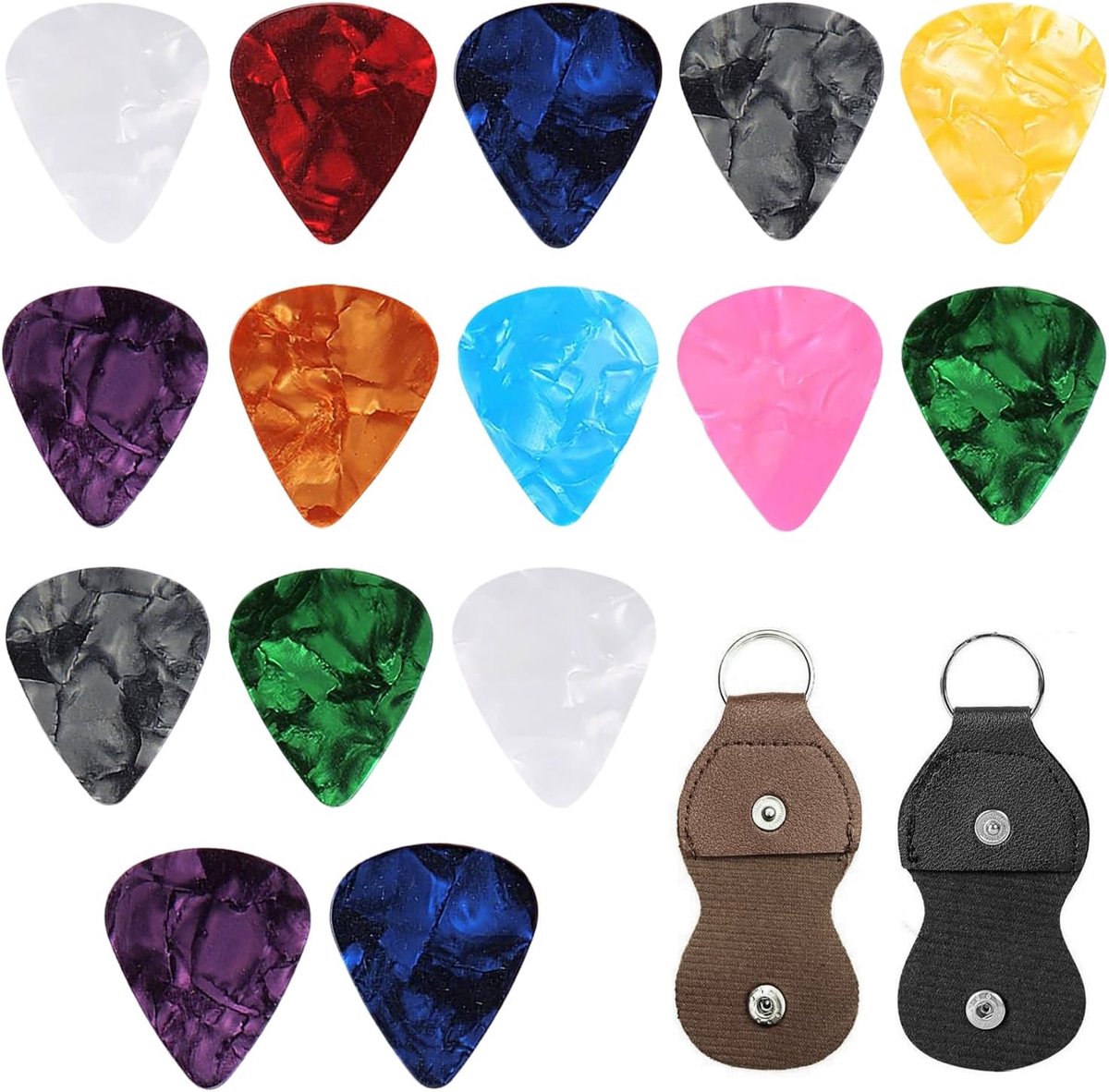 Plectrums, celluloid plectrums, 0,46 mm dun 0,71 mm medium 0,96 mm zwaar, plectrum voor akoestische gitaar, e-gitaar, ukelele, inclusief gitaar picks houder (willekeurige kleur)