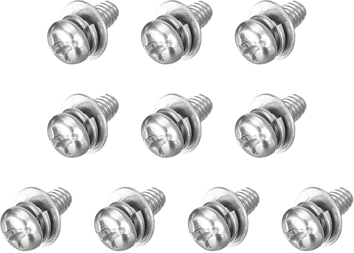 Set van 10 stuks M3 x 6 mm moeren bouten, ronde kopschroeven, Phillips Pan Head met veerring en sluitringen, 304 roestvrijstalen schroefdraadschroeven voor reparatie van hout en zacht metaal