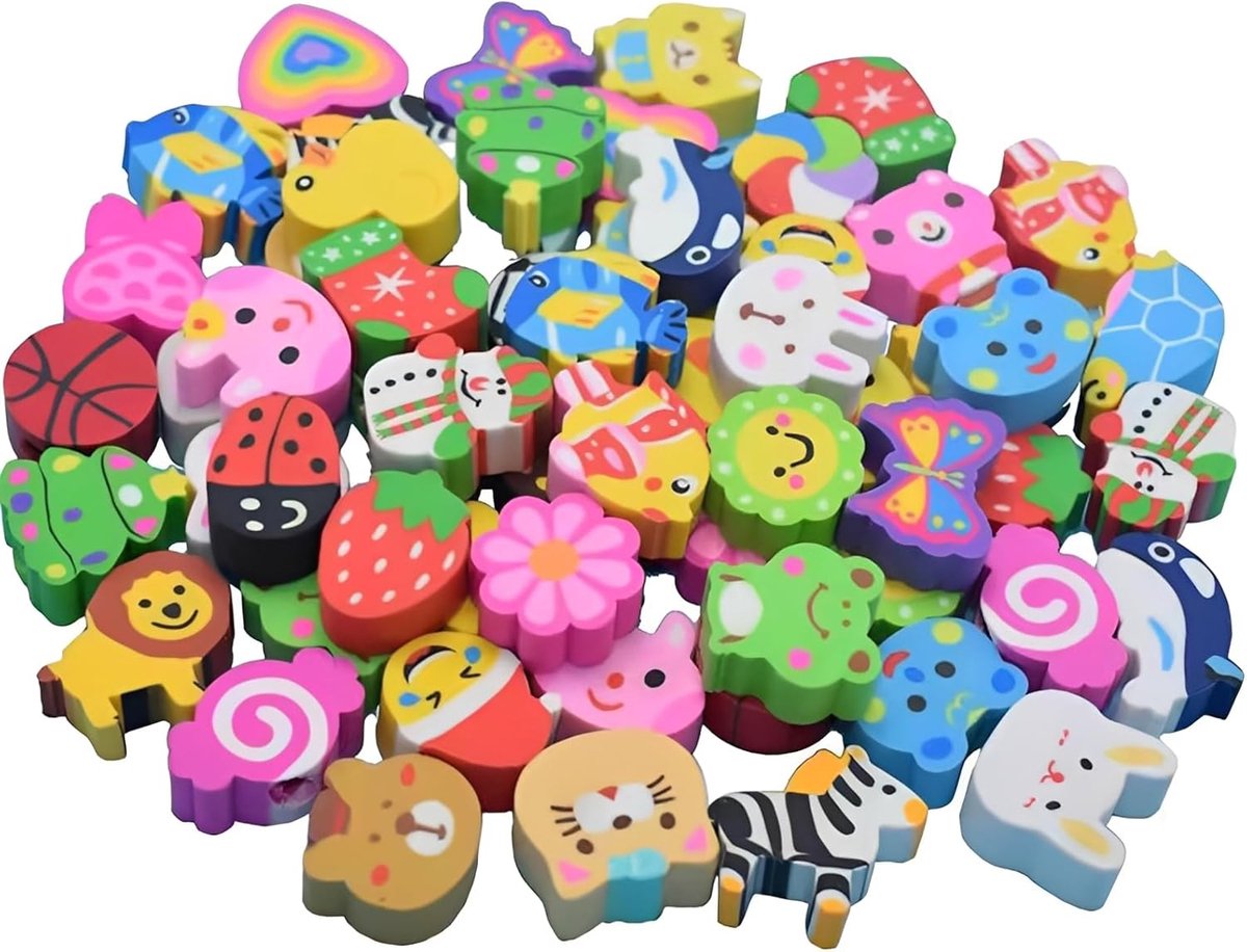 Set van 30 gummetjes voor kinderen, grappige cartoon-gummen voor cadeautjes, kinderverjaardag, schoolzakje, inhoud en klaslokaalbeloningen, mini-gummen met doos, willekeurige stijl