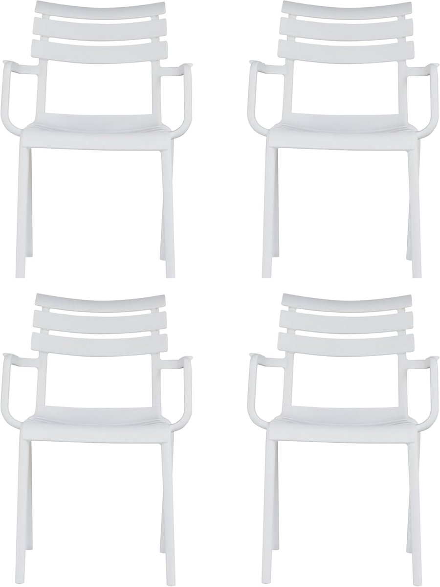 Maruccia - Set van 4 buitenstoelen van polypropyleen, uv-bescherming, modern design, stapelbaar en met armleuningen, voor tuin, bar, restaurant (wit)