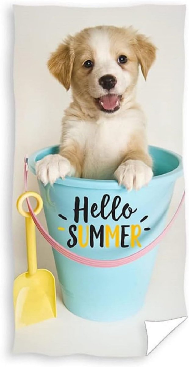 Badhanddoek hond in emmer 70x140cm - 100% katoen - vrolijk ontwerp - ideaal voor zomerplezier - SnelShoppen