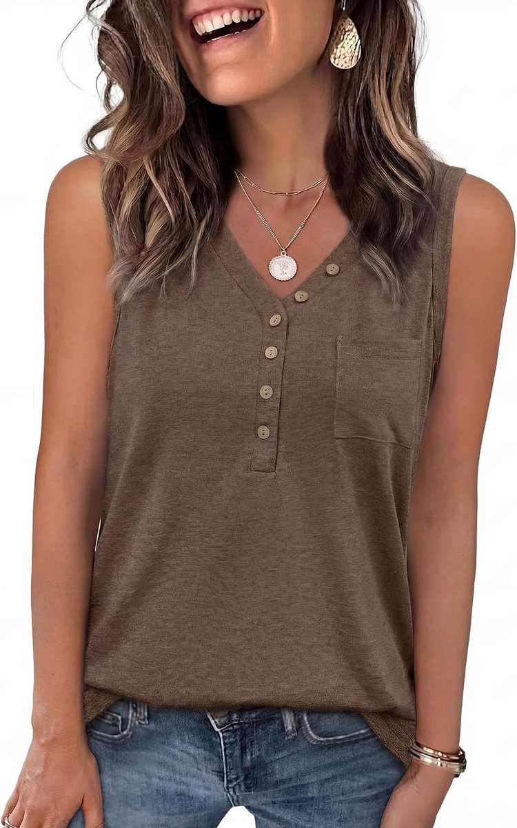 Mouwloos T-shirt voor dames, met knopen, V-hals, zomervest, basic, cami, casual, zacht, effen, los, rekbaar, T-shirt met zak