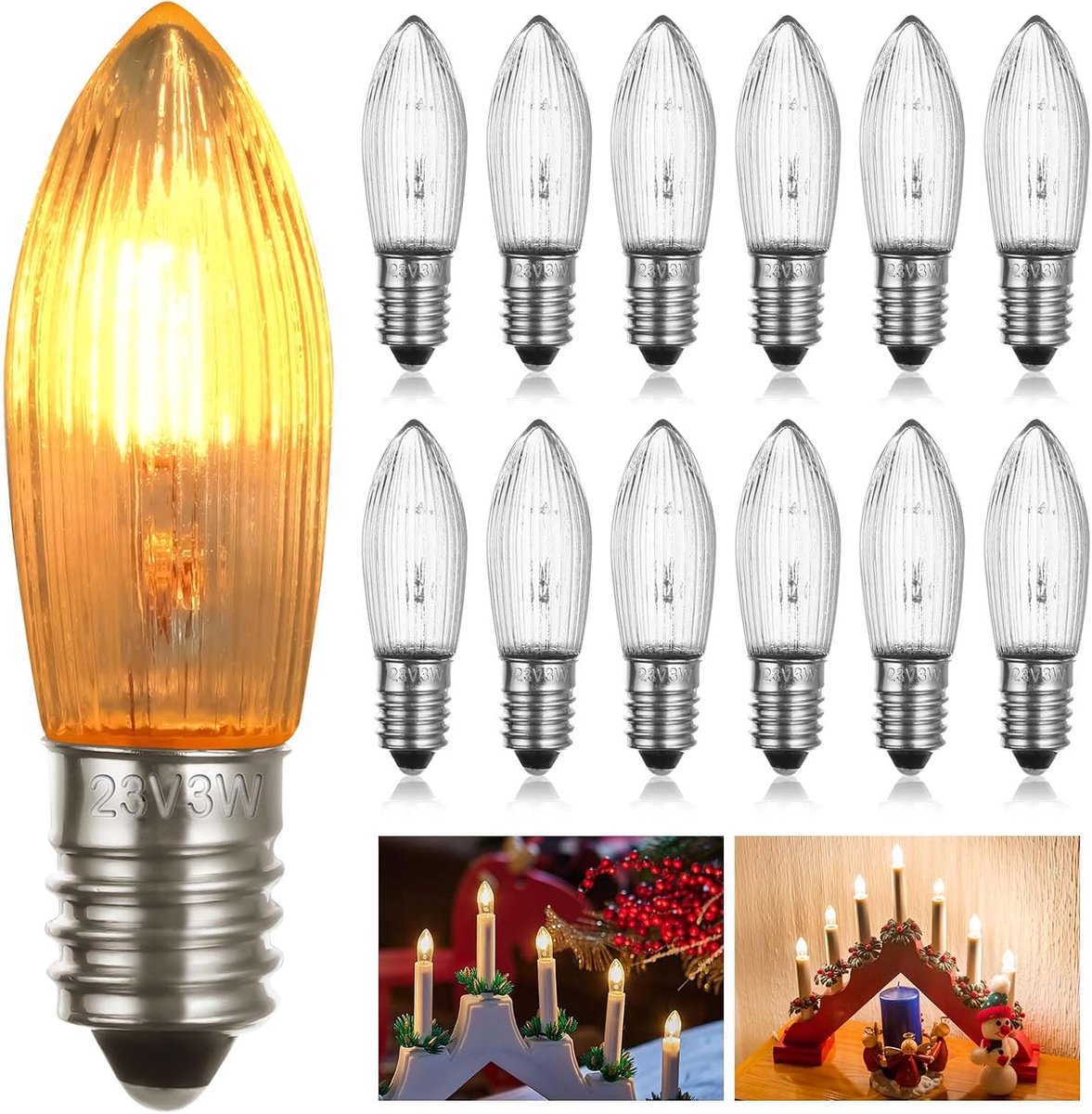 12 Stuks E10 Kaarslampjes 3W 23V, Vervangende Lampjes voor Kaarsenboog, Kaarsenboog Reservelampjes, Warm Wit 2700k, E10 Reserve Kerstlampjes voor Boog, Puntig | 2200 K kaarslampen, reservelampen, E10 kandelaar voor lichtbogen, slingers, kroonluchters