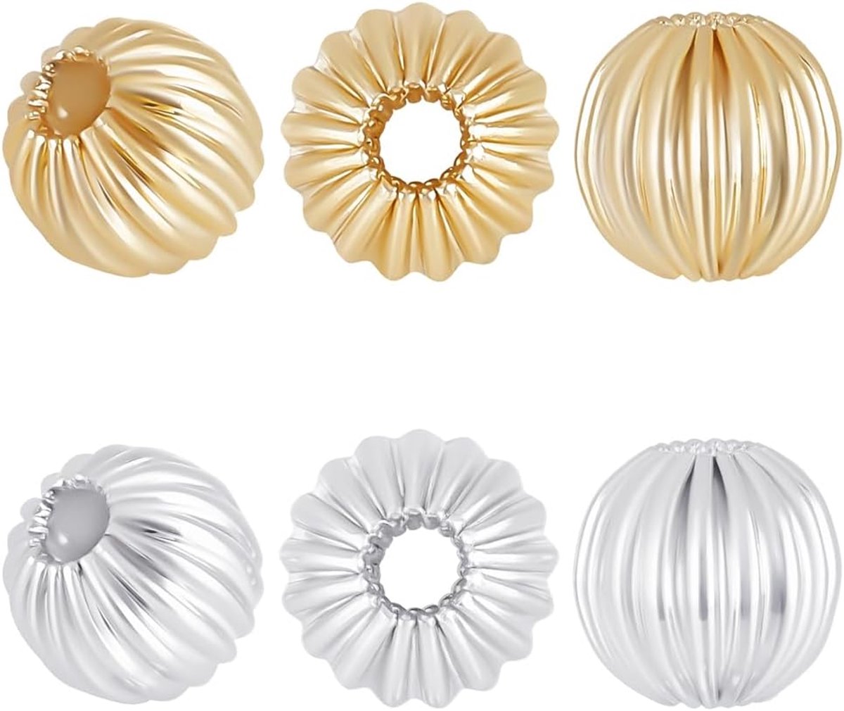 100 stuks met 2 kleuren, 6 mm, ronde metalen kralen, 14 karaat verguld en 925 sterling zilver, ronde kralen, gegolfd, losse kralen voor het maken van