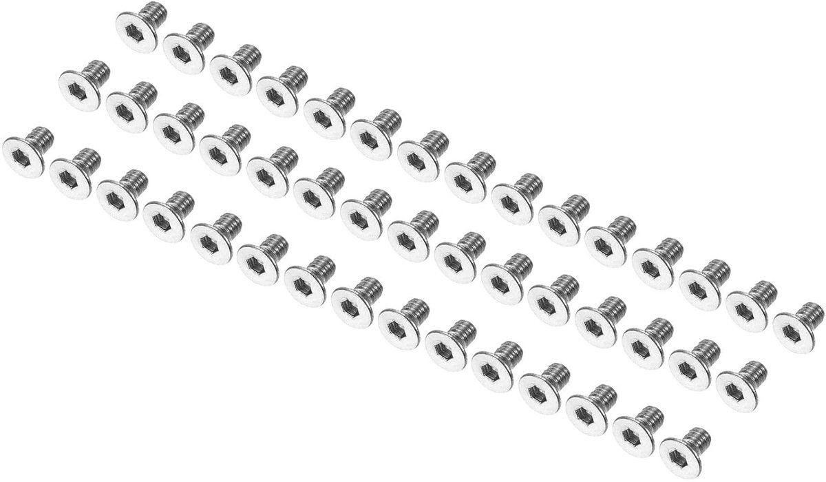 M3 x 5 mm platte kopschroeven, 100 stuks, machineschroeven van roestvrij staal 304 18-8, platte verzonken schroeven, zeskantige aansluiting, volledige schroefdraad, graad 6,8