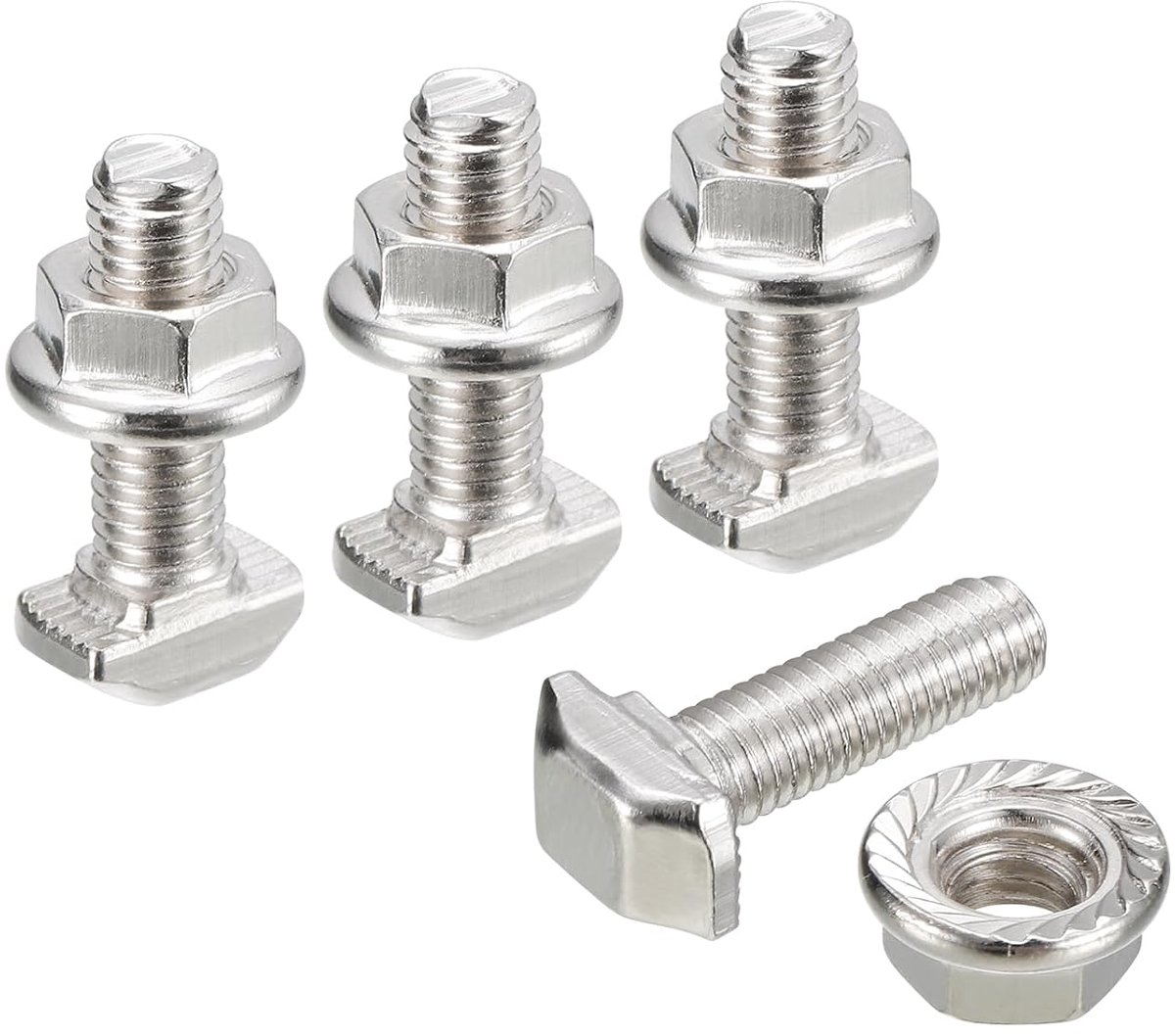 T-schroeven in M5 x 12 mm en M5 zeskantmoeren met flens, 20 sets glijbouten met T-vormige pen met hamerkop voor aluminium profiel uit de serie 20