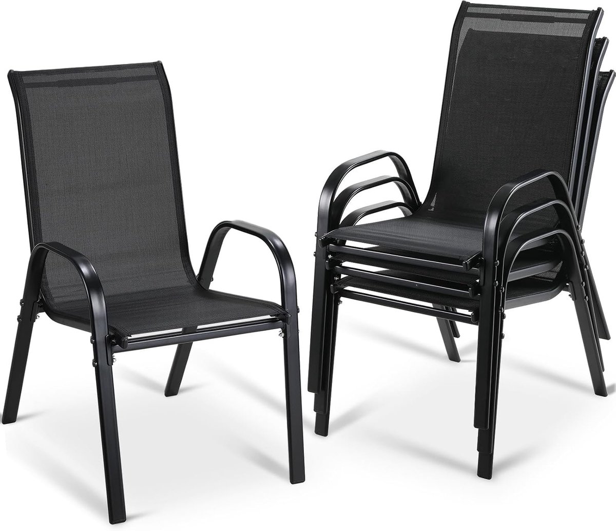 Tuinstoelen, stapelstoel, camping, stapelbaar, hoge rugleuning, textileen stalen frame voor tuinen, binnenplaatsen, balkons, restaurants, 150 kg belastbaar, 54 x 69 x 93 cm (4 stuks, zwart)