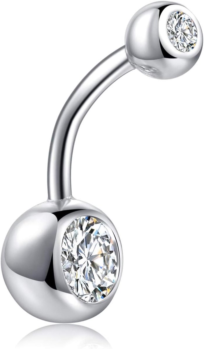 zilveren navelringen 7.2mm 10mm 12mm staaflengte dubbele CZ eenvoudige bovenste onder de buik bars gebogen barbell piercing voor vrouwen mannen, 10 mm, Sterling zilver, Zirkonia
