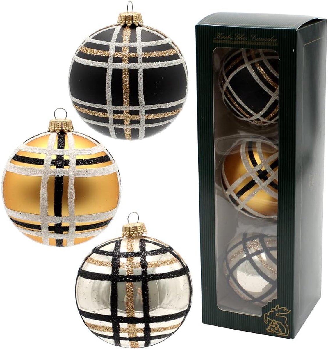 Lauschaer Kerstboomversiering - set van 3 glazen ballen in goud, zwart en ivoor, mondgeblazen en met de hand versierd, met gouden kroontjes, diameter ca. 8 cm