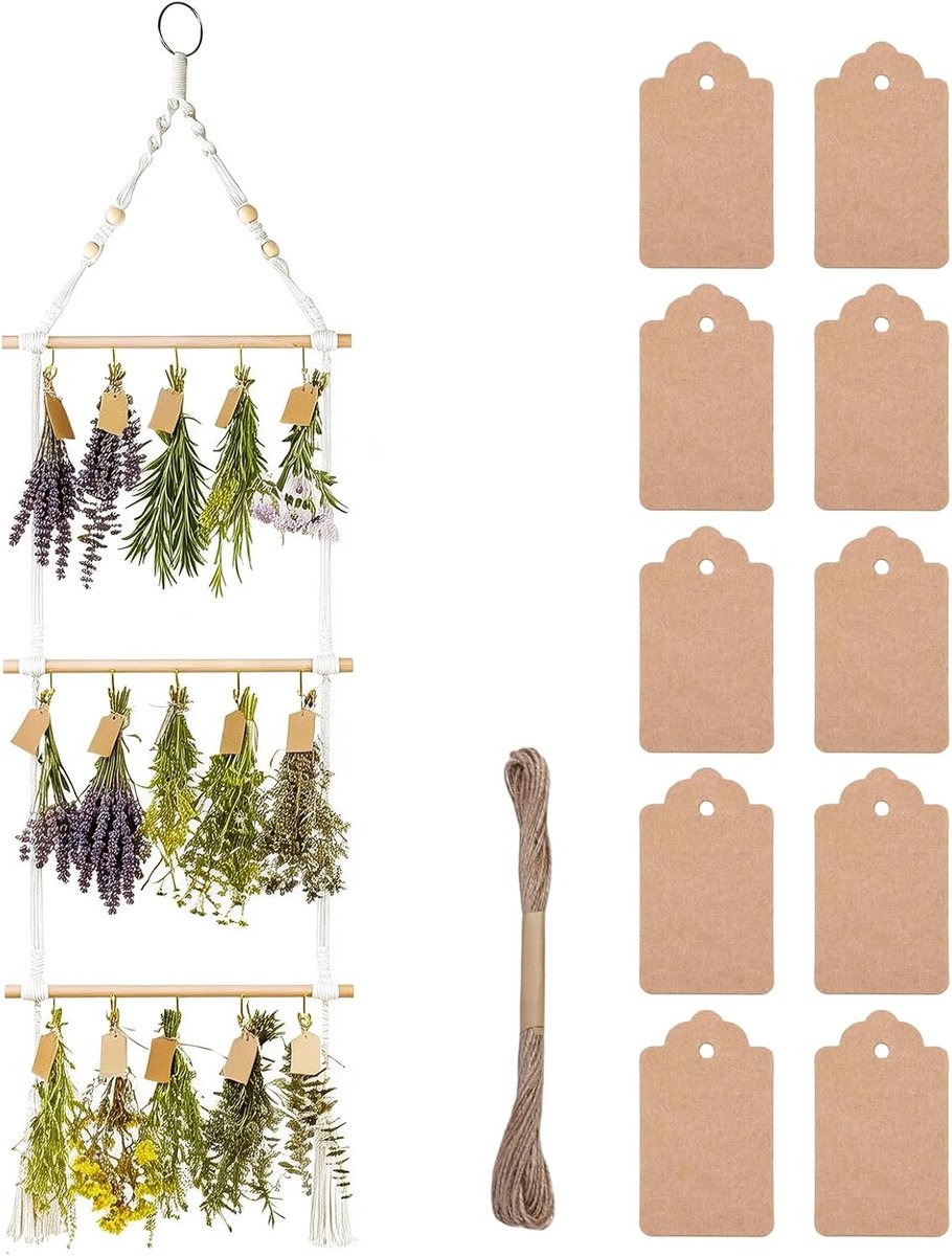 Hangkruid-droogrek met 3 etages, met 25 geschenkhangers en 10 m jute koord, handgeweven bloemen- en kruidendroger, ruimtebesparende plantenhangers voor kruiden en bloemen