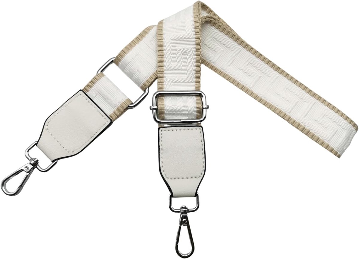 Schouderriem voor tas, tasriemen om te wisselen, verstelbare tasriem, breed 3,8 cm, met leer, zilveren karabijnhaak, tassenband, schouderriem voor dames, handtassen, kaki/wit, T21