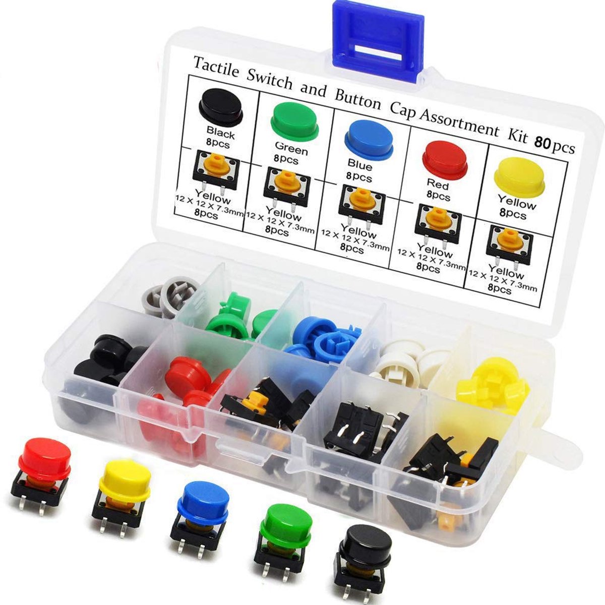 Momentary Tactile Push Button, 12 x 12 x 7,3 mm, Micro Momentary drukknopschakelaar, 4-pins microschakelaar, oppervlaktegemonteerde schakelplaat, met kap voor Arduino, 80 stuks
