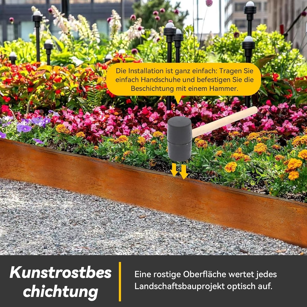 Grasrand, Aartner gazonrand van cortenstaal, 15 cm hoog, bedomranding, metaal met 2 paar handschoenen, kleine hamer, borderrand met roest (recht, 5 m x 15 cm)