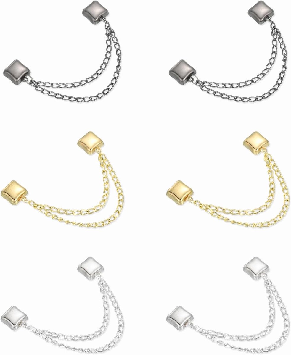 6 stuks magnetische kledingclips, vierkante kledingklemmen met ketting, kledingclips, hijab-magneten voor kleding, sjaals, broekspijpen, broche, goud/zilver/wapenstof