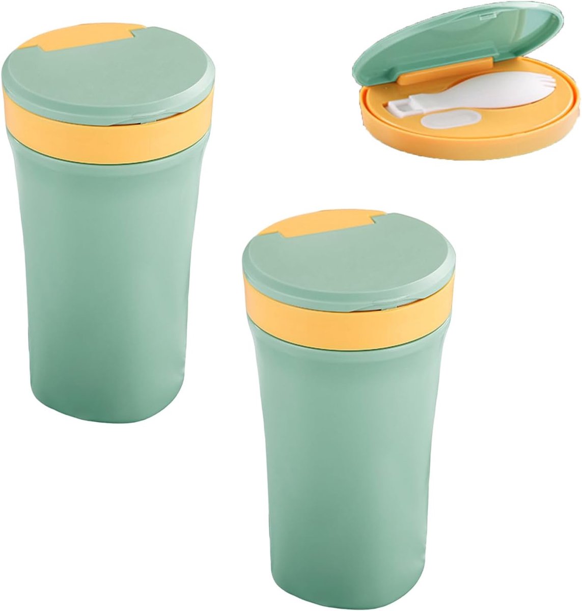 Soepbeker, mueslibeker met lepel, voorraaddoos met deksel, yoghurtbeker To-Go, magnetronbestendige vershouddoos, 400 ml (2 stuks, groen)