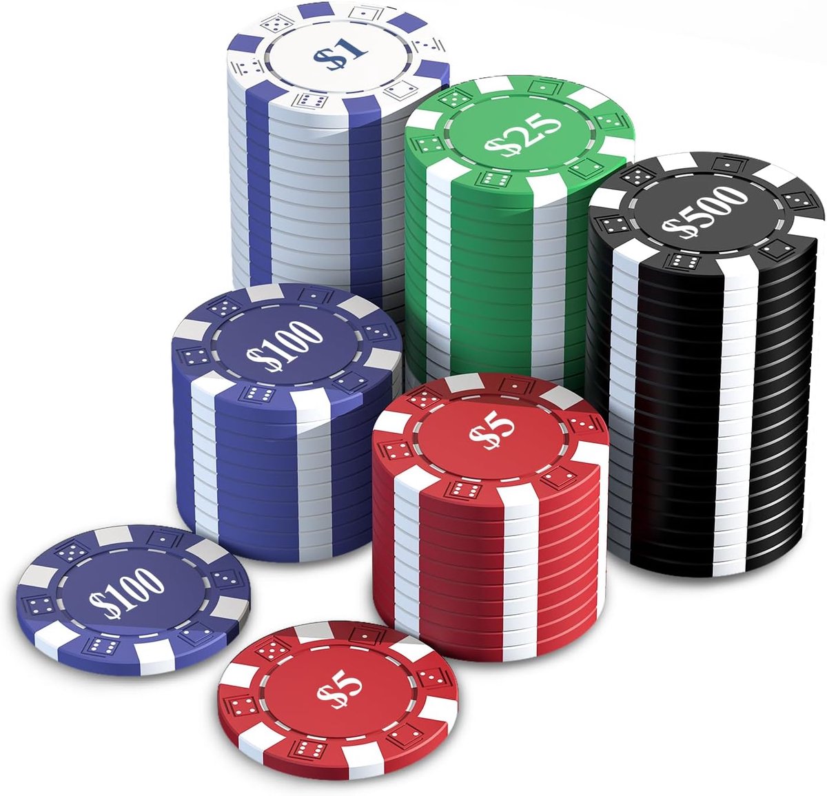 100 Pokerchips Set 11.5g IJzeren Kern waarden Doos Texas Holdem | leesbare waarden $1/$5/$25/$100/$500, klassiek 6-punts ontwerp, zwarte doos, Blackjack, vervangstacks en tellers, kaartspel