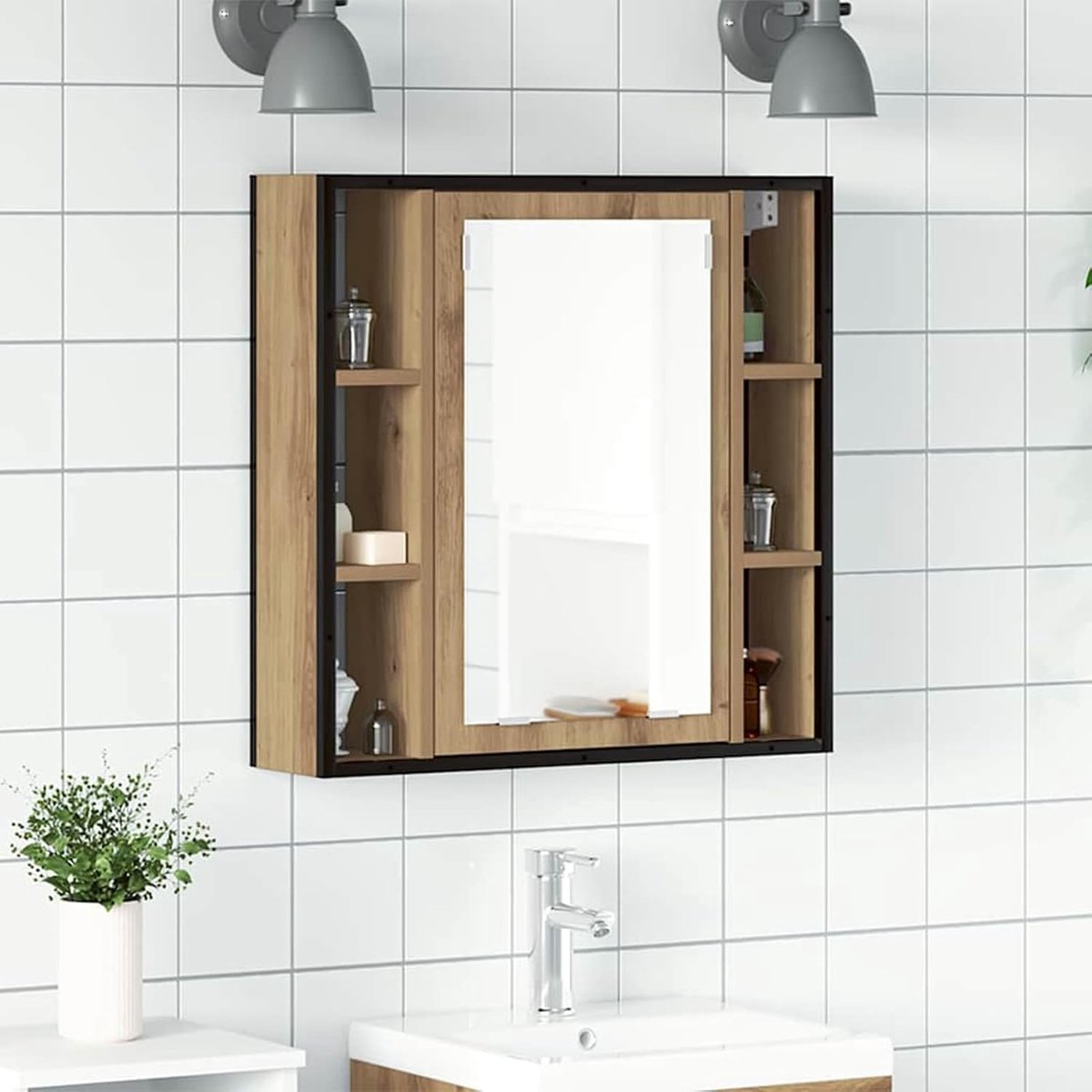 spiegelkast voor badkamer 60x16x60 cm houtmateriaal gepoedercoat staal Artisan eiken ruimtebesparend