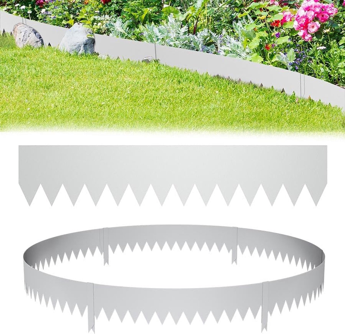 Grasrand, 15 stuks, verzinkt metaal, 15 m, flexibele gazonrand met doornen voor binnenplaats, tuin, boerderij, zilver, 100 cm x 20 cm (b x h)