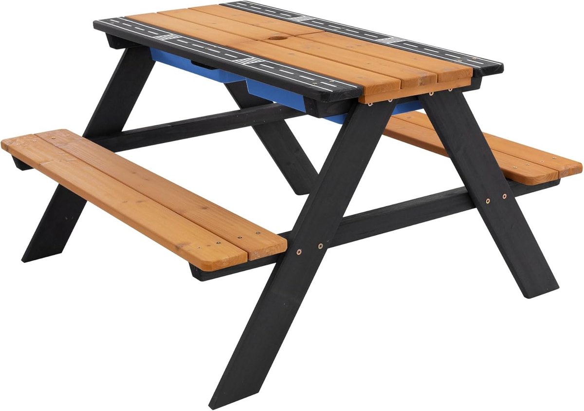 2 in 1 Kinderzitgroep met Zand en Waterspeeltafel Naturel Bruin van Massief Hout Inclusief Twee Bakken Tuinzitset voor Buiten Picknicktafel voor Kinderen Moddertafel Modderkeuken Speeltafel