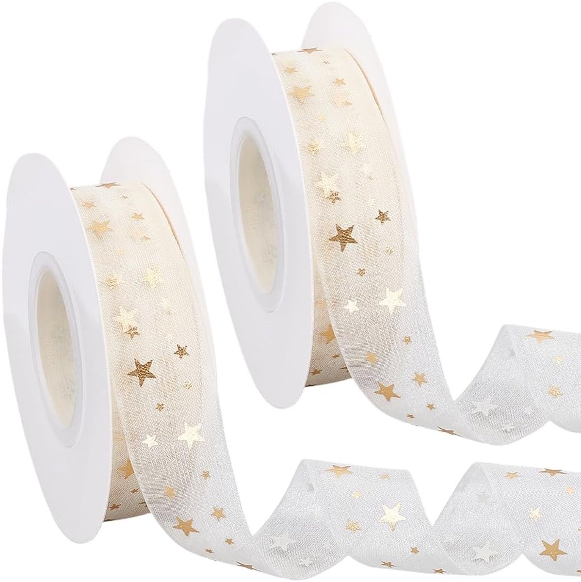 2 rollen 45,72 m 20 mm goudkleurig sterrenprint organza transparant lint sterrenpatroon glitter transparante versiering chiffon sneeuwgaren kerstlinten voor naaien, cadeauverpakkingen, kerst