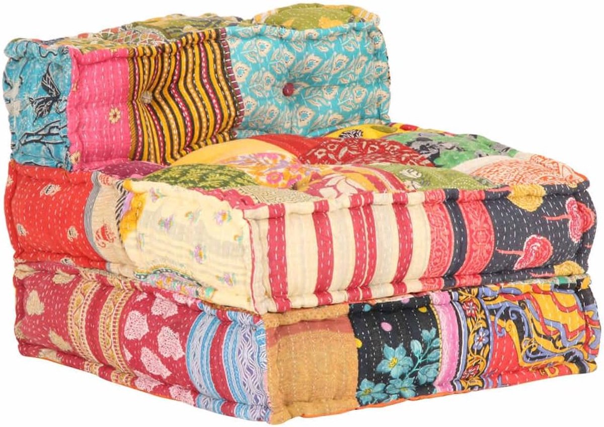 Poef van katoen met patchwork-design, veelzijdig als chaise longue, stoel of zitpoef te gebruiken, zacht gevoerd en onderhoudsvriendelijk, tot 110 kg belastbaar