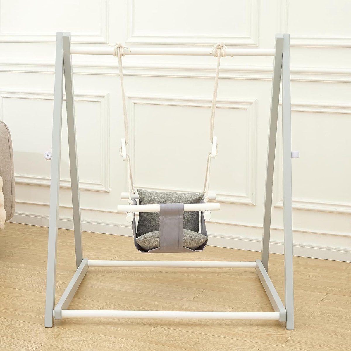 Houten schommel voor peuters van 6 tot 36 maanden, opvouwbare babyschommelset met 4 zandzakken, kinderschommel voor binnen en buiten, grijs